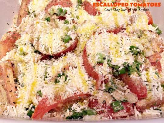 Escalloped Tomatoes | Can't Stay Out of the Kitchen | This is one of my favorite side dishes. It's a great #casserole for chicken or pork. It's also an easy #veggie to make for #Thanksgiving or #Christmas. #tomatoes #cheese