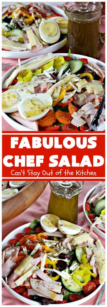 Fabulous Chef Salad | Can't Stay Out of the Kitchen | this amazing high protein #salad includes #turkey, #ham, hard-boiled #eggs & lots of veggies with a delicious homemade #saladdressing. It's one of our favorites. #glutenfree