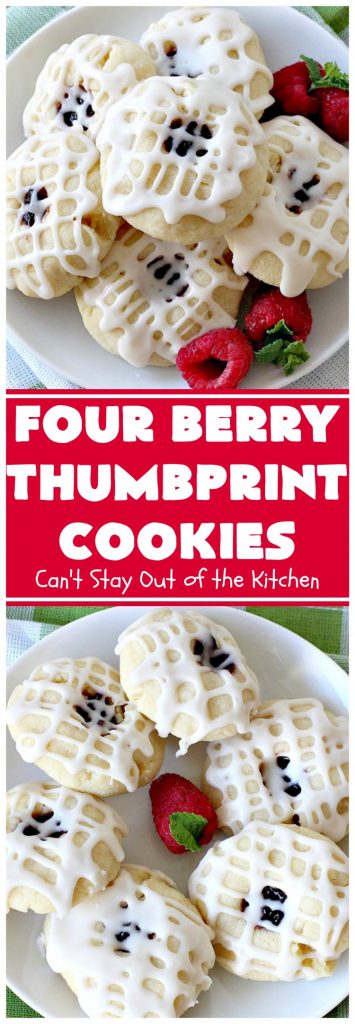 Four Berry Thumbprint Cookies | Can't Stay Out of the Kitchen | these fantastic #cookies are made with #raspberry, #cherry #blackberry & #strawberry jam. Perfect for any #holiday, potluck or family reunion. #dessert