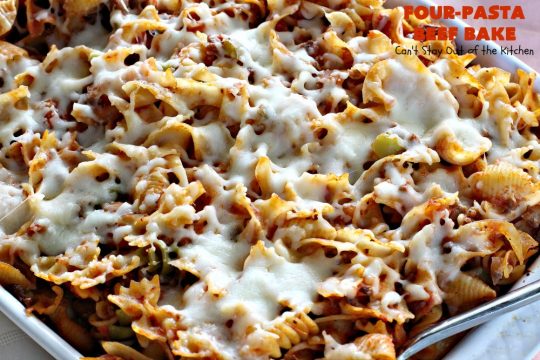 Four-Pasta Beef Bake | Can't Stay Out of the Kitchen | this quick & easy #Italian #pasta entree makes two casseroles. It's great for company or to provide a freezer meal to someone. #beef #groundbeef #cheese #mozzarellacheese #noodles #casserole
