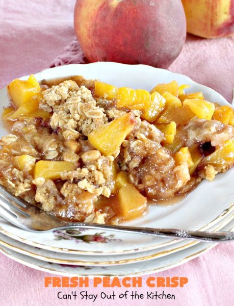Fresh Peach Crisp | Can't Stay Out of the Kitchen | this amazing #dessert is filled with fresh #peaches & topped with a brown sugar-streusel topping. Recipe is both #glutenfree & #vegan. 