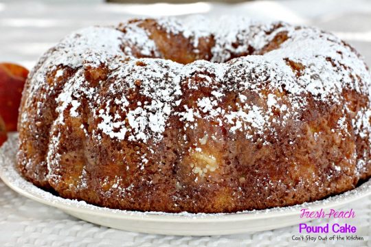 Fresh Peach Pound Cake | Can't Stay Out of the Kitchen | this luscious #poundcake is filled with #peaches and #almondextract and it's super moist because of sour cream. #dessert #cake