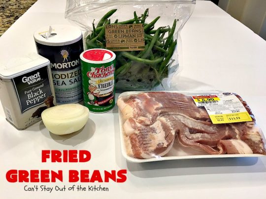 Fried Green Beans | Can't Stay Out of the Kitchen | easy 4-ingredient recipe for #greenbeans that will knock your socks off! This #southern-style side dish is absolutely irresistible. #bacon #glutenfree
