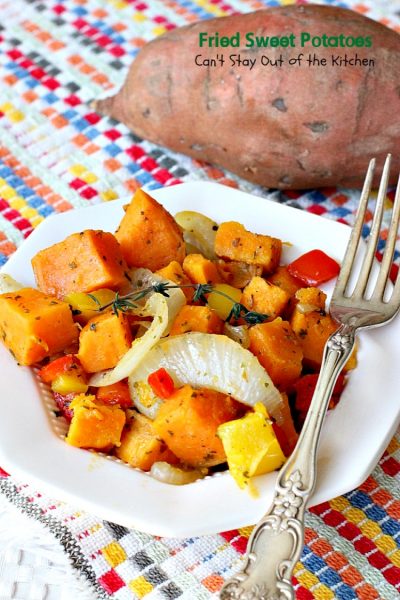 Fried Sweet Potatoes | Can't Stay Out of the Kitchen | we love this delightful savory way to prepare #sweetpotatoes. Great for #breakfast or as a side dish. Healthy, low calorie, #clean-eating, #glutenfree #vegan