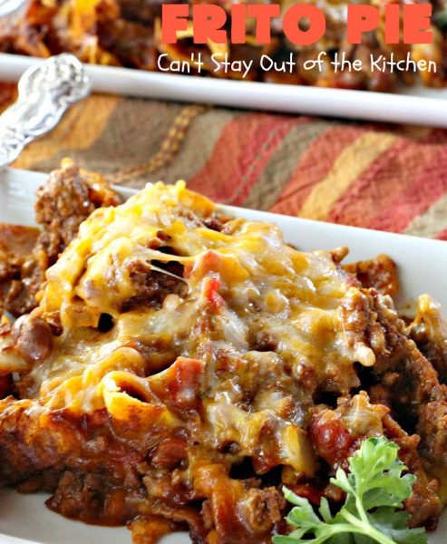 Frito Pie | Can't Stay Out of the Kitchen | this easy 6-ingredient #recipe is absolutely terrific. The casserole has #TexMex flavors with layers of #beef mixed with #chili, #Fritos & lots of #cheese. #glutenfree #CincoDeMayo