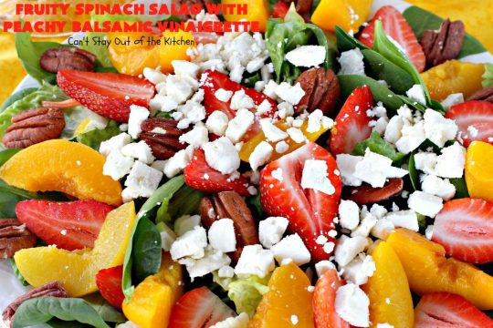 Fruity Spinach Salad with Peachy Balsamic Vinaigrette | Can't Stay Out of the Kitchen | this fantastic #salad uses #strawberries, #peaches, whole #pecans & #feta cheese along with a homemade dressing. It's wonderful for company or #holiday dinners like #Easter, #MothersDay or #FathersDay. #glutenfree