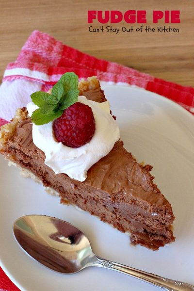 Fudge Pie | Can't Stay Out of the Kitchen | this amazing #ChocolatePie is rich, decadent and absolutely divine! Every bite will have you drooling. It's terrific for company or #holidays like #Easter or #MothersDay. #Pie #FudgePie #chocolate #HolidayDessert #EasterDessert #MothersDayDessert #FudgeDessert 