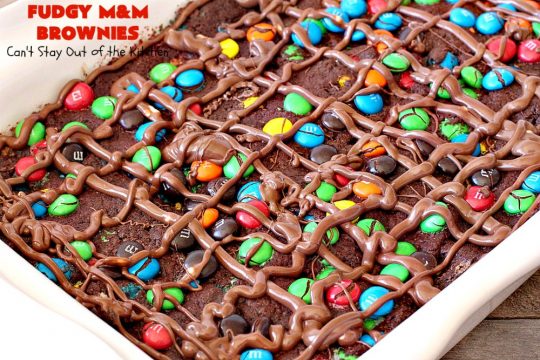 Fudgy M&M Brownies | Can't Stay Out of the Kitchen | these fantastic #brownies are rich, decadent & divine! They're filled with #M&Ms & glazed with #chocolate icing. Amazing #dessert.