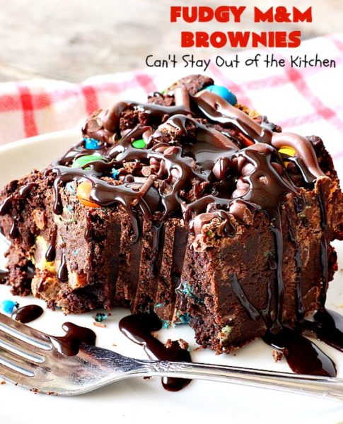Fudgy M&M Brownies | Can't Stay Out of the Kitchen | these fantastic #brownies are rich, decadent & divine! They're filled with #M&Ms & glazed with #chocolate icing. Amazing #dessert.