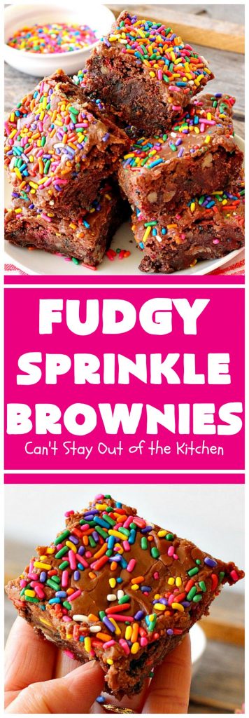 Fudgy Sprinkle Brownies | Can't Stay Out of the Kitchen | these dynamite #brownies are filled with #chocolate & #sprinkles! The #fudge frosting is to die for! They're perfect for #tailgating parties, potlucks or any family get-together. #cookie #dessert