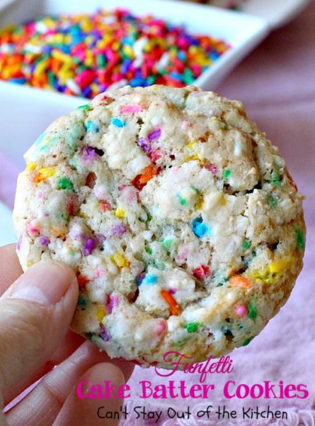 Funfetti Cake Batter Cookies | Can't Stay Out of the Kitchen | these fantastic #cookies are so quick and easy to make since they start with a #cakemix. Add lots of #funfetti sprinkles and you have one of the best cookies imaginable. #dessert
