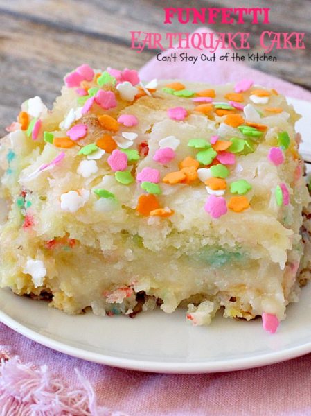 Funfetti Earthquake Cake | Can't Stay Out of the Kitchen | this is the perfect #cake for #birthdays or special occasions. #Creamcheese icing bakes into the cake causing volcano-like craters & an earthquake! #dessert #funfetti