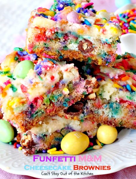 Funfetti M&M Cheesecake Brownies | Can't Stay Out of the Kitchen | these rich and decadent #brownies are sure to satisfy any sweet tooth craving. #peanutbutter #M&M's #rainbowsprinkles and #cheesecake make for an unbeatable combination. #dessert #chocolate