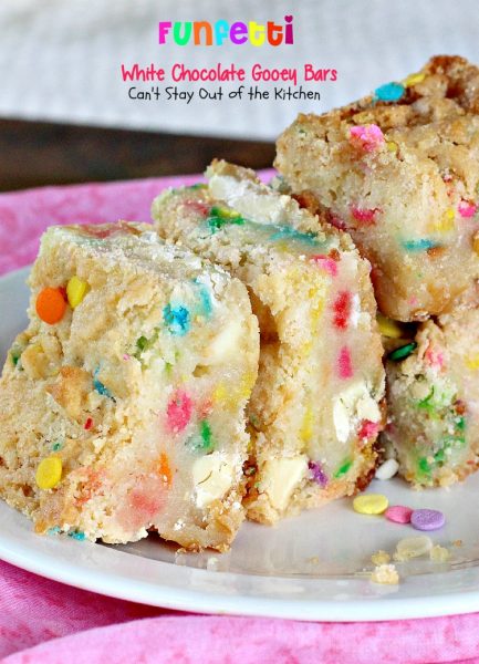 Funfetti White Chocolate Gooey Bars | Can't Stay Out of the Kitchen | these sensational and gooey #brownies are great for birthdays and #holidays. They're filled with #whitechocolatechips #funfetti and sweetened #condensedmilk. #cookie #dessert