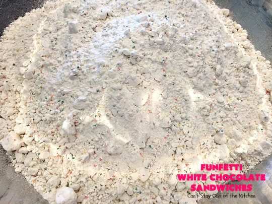 Funfetti White Chocolate Sandwiches | Can't Stay Out of the Kitchen | these jumbo-sized #cookies are awesome! They're so easy since they use only 6 ingredients! They're terrific for #holidays, #birthdays or any kind of special celebration. #funfetti #dessert #chocolate