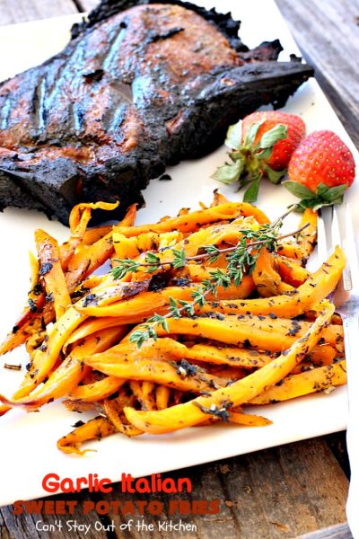 Garlic Italian Sweet Potato Fries | Can't Stay Out of the Kitchen | one of my favorite ways to prepare #sweetpotatoes. Awesome side dish that's great for the #holidays, too. #glutenfree #vegan