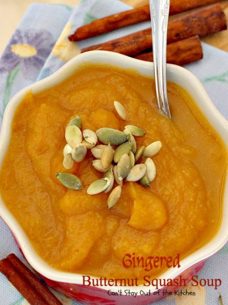 Gingered Butternut Squash Soup | Can't Stay Out of the Kitchen | this fantastic #soup will remind you of #PaneraBread's Autumn Squash Chowder! Uses #apples, #pears, fresh #ginger & cinnamon. #glutenfree #vegan