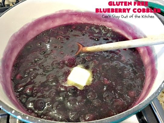 Gluten Free Blueberry Cobbler | Can't Stay Out of the Kitchen | this fantastic #cobbler is perfect for #holiday menus like #MothersDay or #FathersDay. It's filled with fresh #blueberries & has a delightful #glutenfree topping. Then it's served with warm blueberry sauce & ice cream! You'll never believe this decadent #dessert doesn't have regular flour! #BlueberryCobbler 