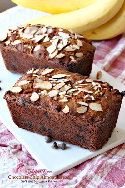 Gluten Free Chocolate Chip Almond Bread | Can't Stay Out of the Kitchen | this delicious #breakfast #bread is heavenly. It's filled with #chocolatechips #bananas and #almonds. #glutenfree