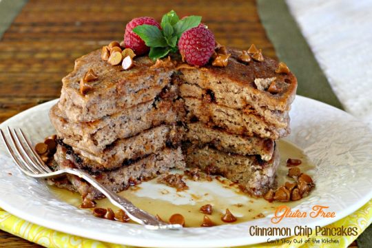 Gluten Free Cinnamon Chip Pancakes | Can't Stay Out of the Kitchen | these are reminiscent of eating #cinnamonrolls - they're a great #holiday #breakfast treat. #glutenfree