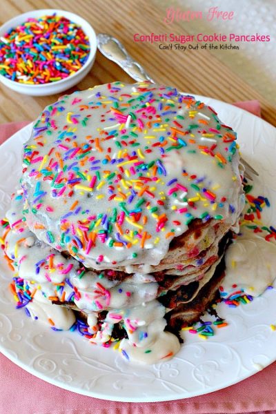 Gluten Free Confetti Sugar Cookie Pancakes | Can't Stay Out of the Kitchen | these awesome #pancakes taste like #sugarcookies with a lot of #sprinkles but in pancake form! Amazing #holiday #breakfast recipe too. #glutenfree