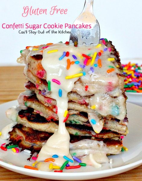 Gluten Free Confetti Sugar Cookie Pancakes | Can't Stay Out of the Kitchen | these awesome #pancakes taste like #sugarcookies with a lot of #sprinkles but in pancake form! Amazing #holiday #breakfast recipe too. #glutenfree
