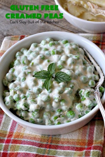 Gluten Free Creamed Peas | Can't Stay Out of the Kitchen | this delicious #sidedish takes less than 10 minutes to prepare. That makes it perfect for #holiday or company meals when you're short on time. The flavors are amped up with a little #Creole seasoning. So delicious. #Cajun #peas #glutenfree #creamedpeas