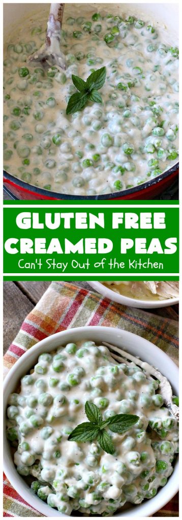 Gluten Free Creamed Peas | Can't Stay Out of the Kitchen | this delicious #sidedish takes less than 10 minutes to prepare. That makes it perfect for #holiday or company meals when you're short on time. The flavors are amped up with a little #Creole seasoning. So delicious. #Cajun #peas #glutenfree #creamedpeas