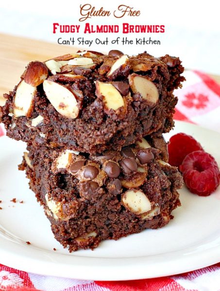 Gluten Free Fudgy Almond Brownies | Can't Stay Out of the Kitchen | these sensational yet healthy #brownies use #glutenfree flour, coconut sugar & a healthier #chocolatechip plus 90% #chooclate & #almonds in the batter. We loved them. #dessert