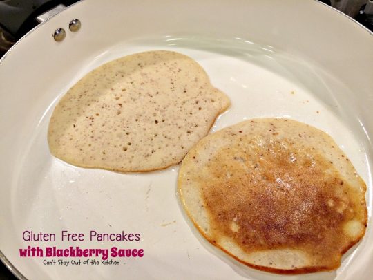 Gluten Free Pancakes with Blackberry Sauce | Can't Stay Out of the Kitchen | You will soon be drooling after one bite of these delicious #pancakes. The #blackberry sauce is awesome. #breakfast