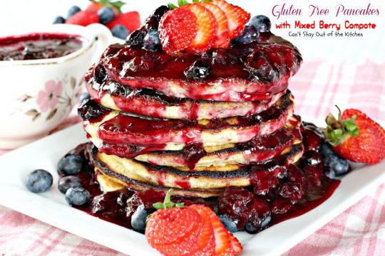 Gluten Free Pancakes with Mixed Berry Compote | Can't Stay Out of the Kitchen | these sensational #pancakes are great for #holidays and special occasions. Healthy version with honey, #blackberries, #strawberries and #blueberries. #glutenfree #breakfast