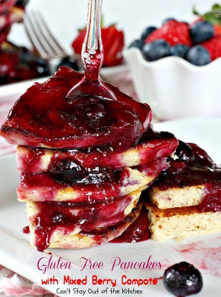 Gluten Free Pancakes with Mixed Berry Compote | Can't Stay Out of the Kitchen | these sensational #pancakes are great for #holidays and special occasions. Healthy version with honey, #blackberries, #strawberries and #blueberries. #glutenfree #breakfast