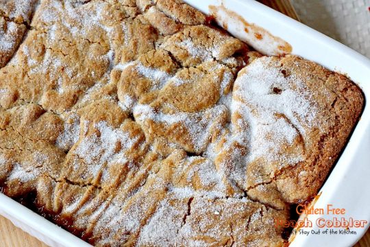 Gluten Free Peach Cobbler | Can't Stay Out of the Kitchen | this delight #peachcobbler recipe is made with #glutenfree flour for a new take on an old favorite. #peaches #dessert
