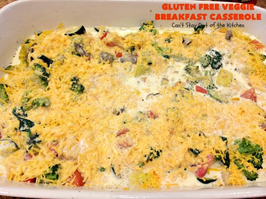 Gluten Free Veggie Breakfast Casserole | Can't Stay Out of the Kitchen | this is one fantastic #breakfast #casserole. This #healthy #glutenfree version is loaded with #veggies but NO meat. This terrific #breakfastcasserole is terrific for #holiday breakfasts like #Christmas or #NewYearsDay. #HolidayBreakfast #ChristmasBreakfast #NewYearsDayBreakfast #vegetarian #HealthyBreakfastCasserole #MeatlessMondays #VegetarianBreakfastCasserole #broccoli #spinach #tomatoes #squash #mushrooms #cheddarcheese