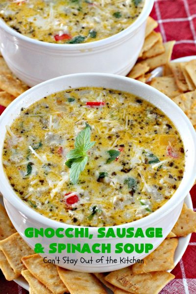 Gnocchi, Sausage and Spinach Soup | Can't Stay Out of the Kitchen | this delightful #glutenfree #soup is made with #sausage, #spinach & potato #gnocchi. It's terrific comfort food for cool, fall & winter nights. #pork #parmesancheese
