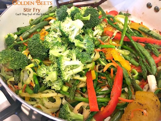 Golden Beets Stir Fry | Can't Stay Out of the Kitchen | phenomenal #MeatlessMonday dish with #beets, #asparagus, #greenbeans, #broccoli & #zucchini. Healthy, low calorie, #glutenfree & #vegan.