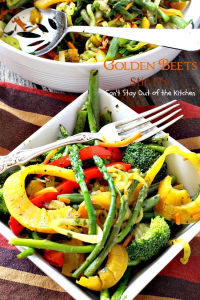 Golden Beets Stir Fry | Can't Stay Out of the Kitchen | phenomenal #MeatlessMonday dish with #beets, #asparagus, #greenbeans, #broccoli & #zucchini. Healthy, low calorie, #glutenfree & #vegan.