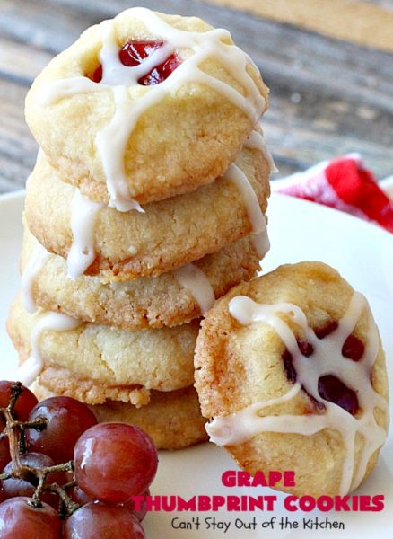 Grape Thumbprint Cookies | Can't Stay Out of the Kitchen | these amazing #cookies are filled with #grape jam & glazed with a powdered sugar icing. They're wonderful for any kind of #holiday or special occasion #baking. #dessert