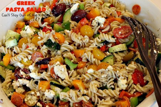 Greek Pasta Salad | Can't Stay Out of the Kitchen | my favorite #pasta #salad. This one has a #Greek flair with #pepperoni #olives #avocados & #fetacheese. I used #glutenfree noodles. Absolutely amazing!