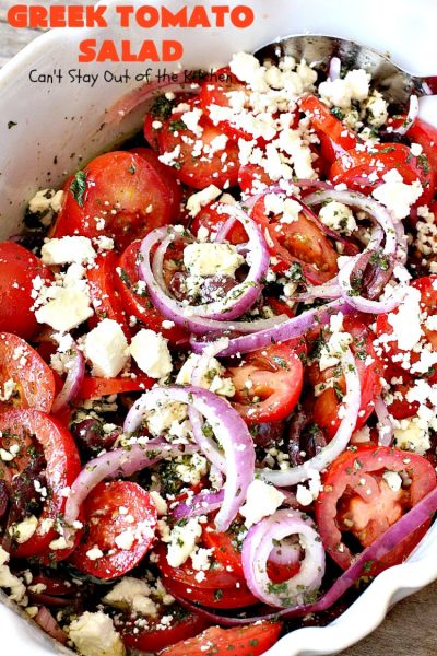 Greek Tomato Salad | Can't Stay Out of the Kitchen | this quick & easy #GreekSalad #recipe can be whipped up in 10 minutes. It's a delicious #sidedish for any meal. We serve it a lot for company because it gets rave reviews. #tomatoes #Greek #olives #salad #FetaCheese #glutenfree