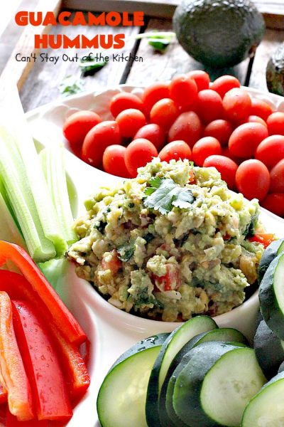 Guacamole Hummus | Can't Stay Out of the Kitchen | this fabulous #appetizer combines the best #guacamole with the best #hummus. It's terrific for #tailgating parties or any potluck. #avocados #chickpeas #vegan #glutenfree
