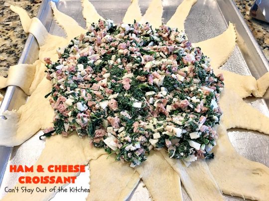 Ham and Cheese Croissant | Can't Stay Out of the Kitchen | this fabulous #breakfast #croissant is perfect for #holidays or company. It's filled with #ham, #Swisscheese, #spinach & #tomatoes. It's so mouthwatering you won't be able to stop eating!