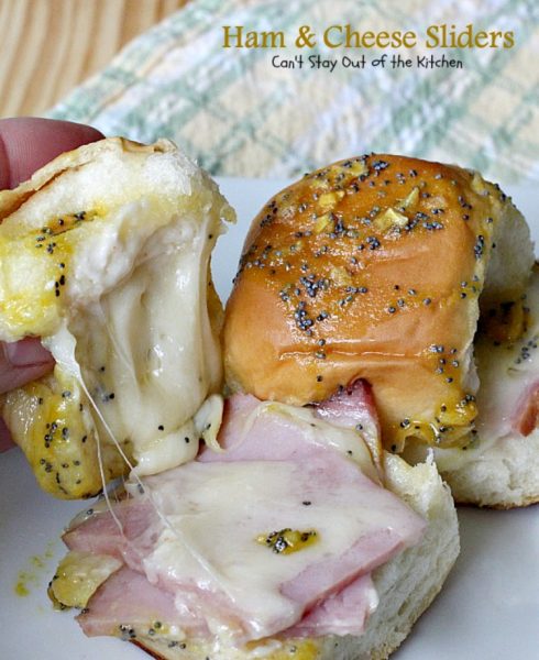 Ham & Cheese Sliders | Can't Stay Out of the Kitchen | these fantastic #sliders are so easy to make and so delicious to eat. They use #KingsHawaiianRolls. Great for #Tailgating and #SuperBowl parties. #Ham #Swisscheese