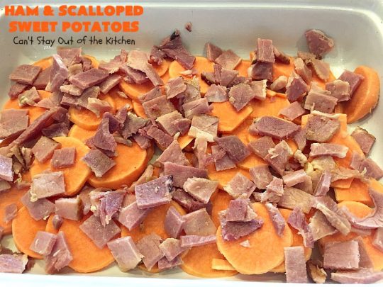 Ham and Scalloped Sweet Potatoes | Can't Stay Out of the Kitchen | this fantastic #casserole is the perfect way to use up leftover #ham from the #holidays. Savory and sumptuous, this #pork entree is comfort food at its best! #glutenfree #sweetpotatoes