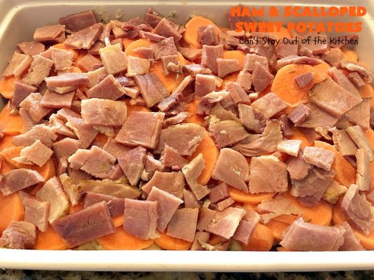 Ham and Scalloped Sweet Potatoes | Can't Stay Out of the Kitchen | this fantastic #casserole is the perfect way to use up leftover #ham from the #holidays. Savory and sumptuous, this #pork entree is comfort food at its best! #glutenfree #sweetpotatoes