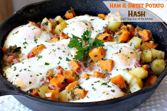 Ham & Sweet Potato Hash | Can't Stay Out of the Kitchen | this is the most spectacular #breakfast #hash. It's filled with white #potatoes & #sweetpotatoes #ham #eggs #bellpeppers and lots of fresh herbs. Great for a #holiday breakfast. #glutenfree
