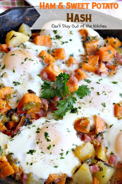 Ham & Sweet Potato Hash | Can't Stay Out of the Kitchen | this is the most spectacular #breakfast #hash. It's filled with white #potatoes & #sweetpotatoes #ham #eggs #bellpeppers and lots of fresh herbs. Great for a #holiday breakfast. #glutenfree