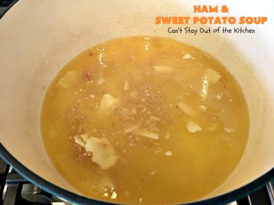 Ham and Sweet Potato Soup | Can't Stay Out of the Kitchen | this #soup is absolutely amazing. It's a delicious #cheese soup featuring #ham & #sweetpotatoes. So perfect for cold, winter nights. #glutenfree