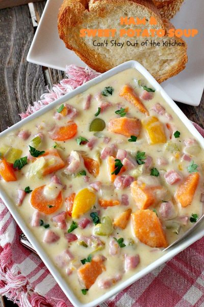 Ham and Sweet Potato Soup | Can't Stay Out of the Kitchen | this #soup is absolutely amazing. It's a delicious #cheese soup featuring #ham & #sweetpotatoes. So perfect for cold, winter nights. #glutenfree