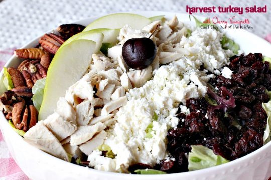 Harvest Turkey Salad with Cherry Vinaigrette | Can't Stay Out of the Kitchen | fabulous #PaneraBread copycat recipe with #driedcherries in the #salad and #cherrypreserves in the salad dressing. Great with leftover #turkey or #chicken. #glutenfree #pears